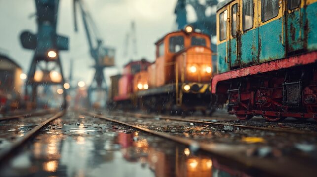 Rusty industrial trains beside a rainy harbor, showcasing vibrant colors and textures in an urban setting under gloomy skies