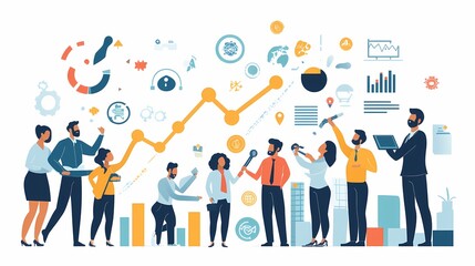 Group of professionals collaboratively building and analyzing upward trending business data visualizations