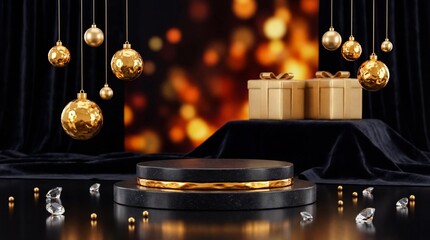 Luxury Christmas Product Display with Gold Ornaments, Gift Boxes, and Black Podium on Bokeh Background