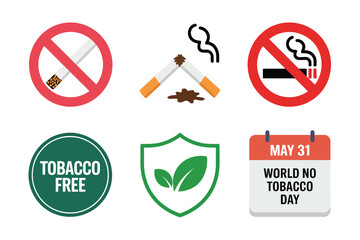 World no tobacco day pack, prohibition sign, broken cigarette, tobacco free badge, safety shield, green leaf, event label