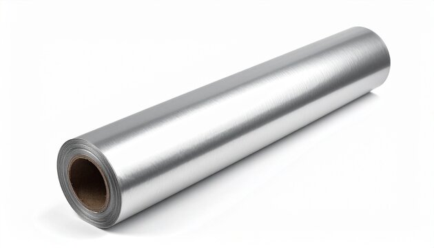 &ldquo;Smooth metallic roll of aluminum foil on neutral surface.&rdquo;