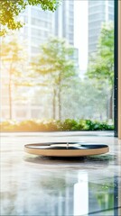 Obraz premium A sleek, modern circular table with a wooden frame and a dark, reflective surface sits on a polished floor, with a blurred urban background visible through a la