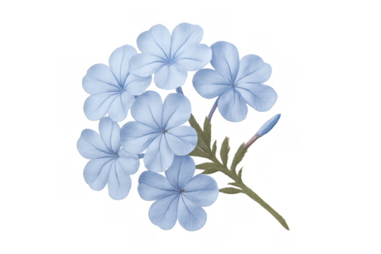 Blue plumbago flowers watercolor illustration with delicate petals and green leaves on transparent background