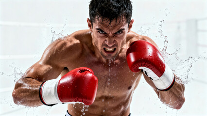 Boxer training hard with boxing gloves, showcasing determination and strength. Brightly lit gym setting with splashes of water, emphasizing intense workout