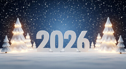 Festive Winter Scene Celebrating Happy New Year 2026. A snowy scene with the number '2026' in the foreground.
