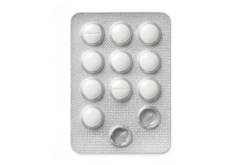 Pills blister pack with white tablets, many remaining and two missing, representing health, medicine, and treatment