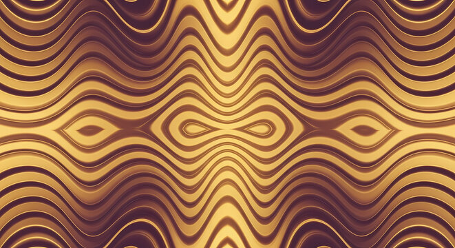 Mesmerizing abstract background with a symmetrical design of undulating golden and rich purple waves, creating a luxurious visual