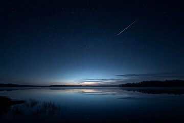 Night sky over lake with shooting star