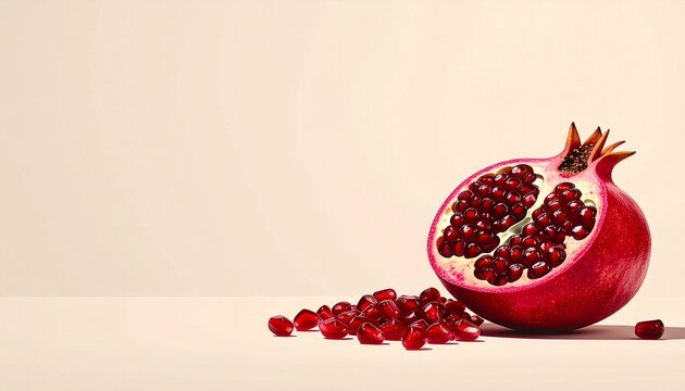 "Cut-open pomegranate with scattered red seeds on beige background, highlighting vibrant texture and freshness." - Powered by Adobe