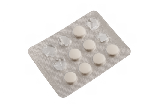 Pills in a partially used white blister pack, medication for daily treatment, medicine and healthcare concept, transparent background