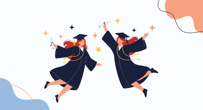 Two happy female graduates in academic caps and gowns jumping joyfully with diplomas against an abstract background shape.
