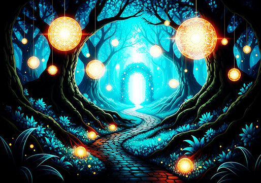 A mystical forest path illuminated by glowing orbs and a radiant light at the end, creating an enchanting and magical fantasy landscape with deep blue hues and sparkling elements