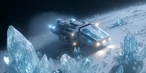Futuristic spaceship exploring a crystal planet, embarking on a cosmic adventure, a journey to new worlds and undiscovered frontiers in science fiction realms