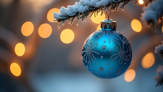 Blue Christmas Ornament with Warm Fairy Lights Bokeh — Cinematic Holiday Glow