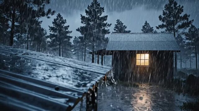Heavy rain pours on a lone forest cabin with a comforting light inside