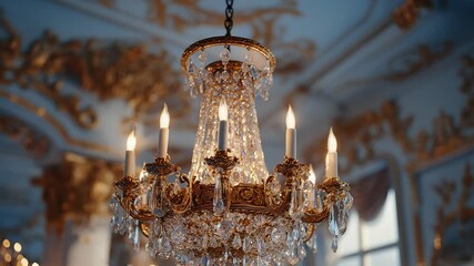 Ornate Crystal Chandelier with Golden Accents Hanging in an Elegant Room with Decorative Ceiling and Walls - Powered by Adobe