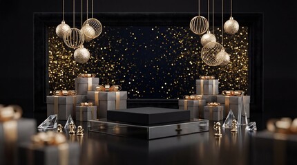 Elegant Festive Black and Gold Product Display with Podium, Gifts, and Sparkling Holiday Decor