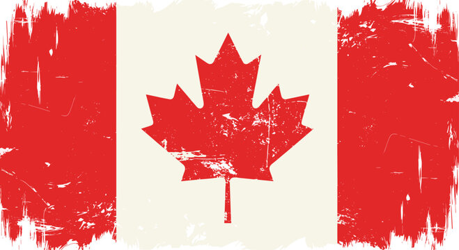 The national flag of Canada featuring the red maple leaf symbol presented with a distressed vintage grunge texture for a rustic effect.