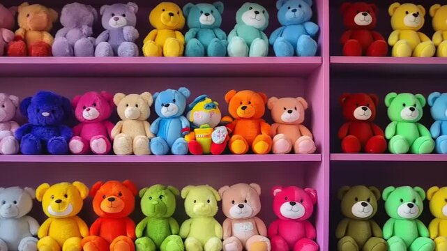 Colorful plush teddy bears displayed in rows on purple shelving