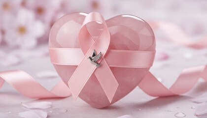 A pink heart-shaped object adorned with a pink ribbon, symbolizing breast cancer awareness and support.
