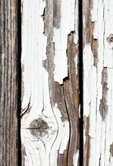 Vertical texture of old weathered wooden wall with peeling white paint, rustic background
