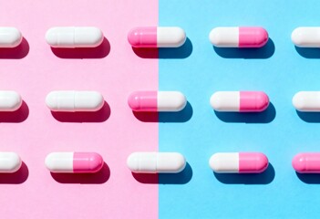 Pattern of pink and white medical capsules on split pink and blue pastel background