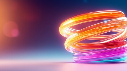 A stack of vibrant, glowing, intertwined rings in neon colors like orange, pink, and blue, set against a soft gradient background with blurred lights.