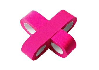 Hot pink tape rolls overlap, forming an X shape