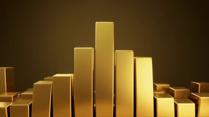 A striking abstract image featuring a dynamic arrangement of golden rectangular bars of varying heights, suggesting growth, data visualization, or financial success. - Powered by Adobe