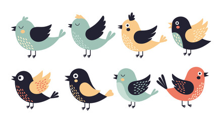 Obraz premium A charming set of eight cute and colorful cartoon birds in a simple Scandinavian folk art style isolated on a white background.