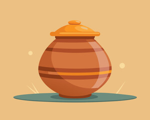 Brown clay pot with lid sitting on a blue mat in a studio