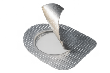 Open single-serving aluminum foil container with lid partially peeled back, revealing contents inside and transparent background