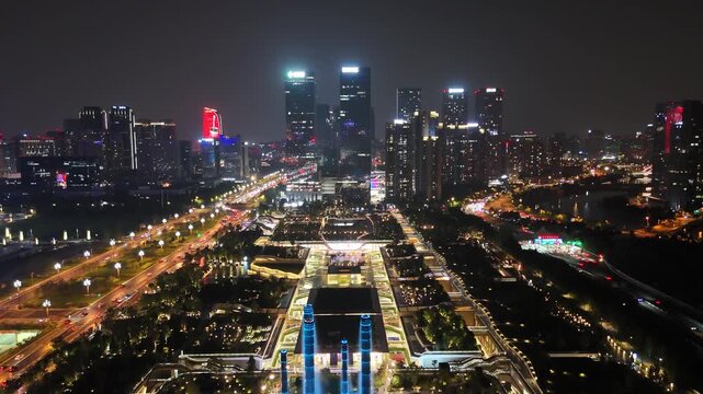 Chengdu Sichuan Night Aerial City Skyline Tower Shot