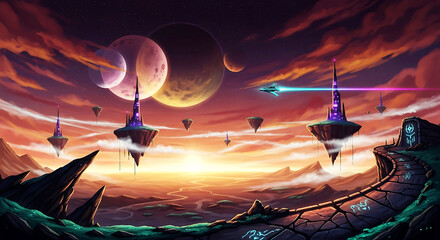 A vibrant pixel art landscape of a futuristic alien world at sunset, featuring glowing cities on floating islands, large planets in the colorful sky, and advanced spacecraft