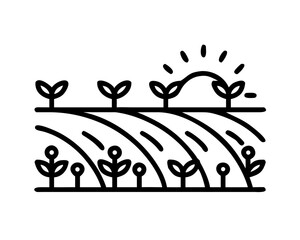 Sprout field with sun rising over the horizon isolated on