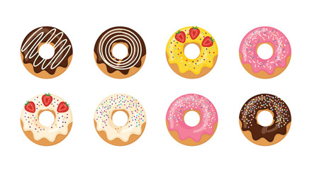 Fototapeta premium A delicious set of eight glazed donuts with various toppings like chocolate sprinkles and strawberries isolated on a white background.