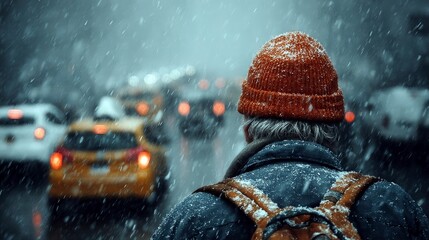 A person wearing an orange beanie and backpack walks through a snowy city street, with yellow taxis and other vehicles in the background.