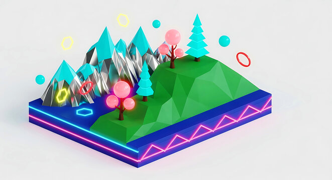 Vibrant 3d isometric illustration of a stylized landscape featuring geometric mountains, colorful trees, and glowing neon light accents, isolated on white background