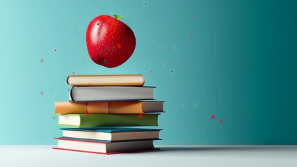 Floating red apple above a stack of colorful books, showcasing a whimsical scene with vibrant colors and playful elements, emphasizing creativity and imagination in learning environments - Powered by Adobe