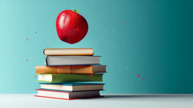 Floating red apple above a stack of colorful books, showcasing a whimsical scene with vibrant colors and playful elements, emphasizing creativity and imagination in learning environments