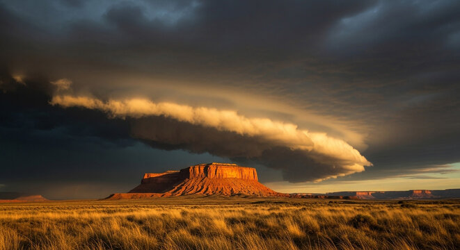 Dramatic storm clouds illuminated by golden hour light over a mesa in monument valley, arizona