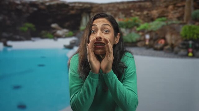 Woman cups hands to mouth calling across a hotel pool at a resort outdoors with visible face and hands in frame; urgency.