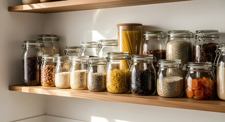 整理整頓されたキッチンの棚に並ぶ穀物やパスタが入ったガラス瓶、ゼロウェイストなパントリー