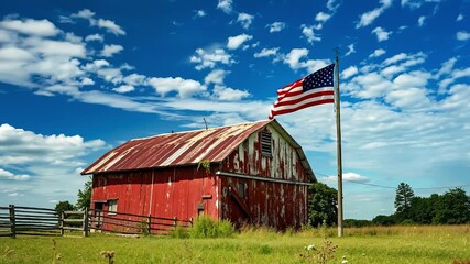 A red barn with an american flag flying in front of it - Powered by Adobe