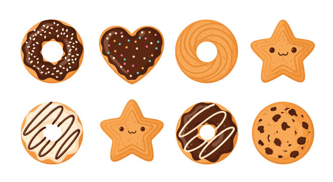 A sweet collection of eight assorted cookies and biscuits including chocolate chip and star-shaped treats with cute kawaii faces. - Powered by Adobe