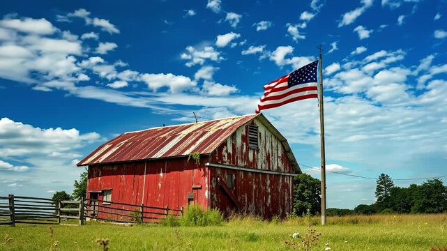 A red barn with an american flag flying in front of it