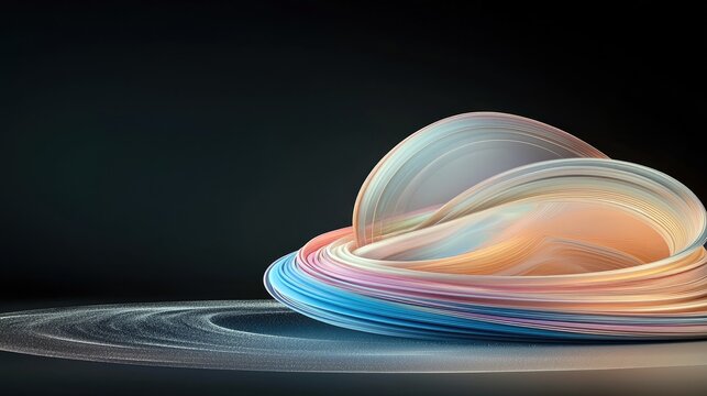 A dynamic, abstract sculpture made of flowing, layered ribbons in soft pastel shades of blue, pink, and orange, set against a dark, moody background with a subt
