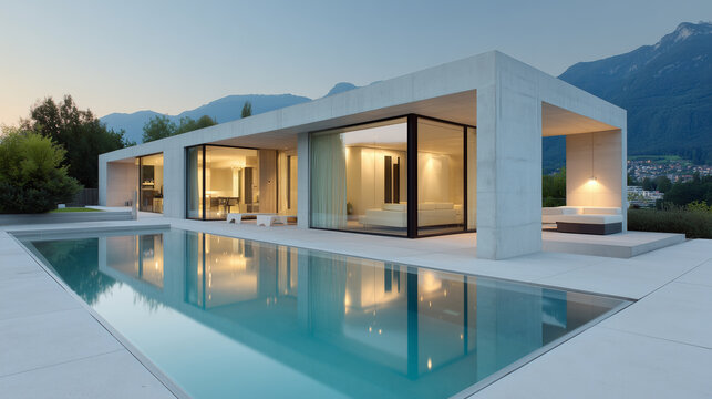 Minimal concrete home with large glass surfaces and geometric lines in soft evening light. Ultra-minimal concrete house with sharp geometric lines, large glass panels, reflective pool. - Powered by Adobe