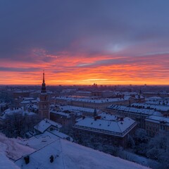 Winter Snowfall Urban Sunset Scene Background