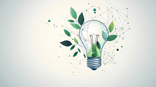 Illuminated glass bulb design incorporates green foliage and abstract geometric connections - Powered by Adobe